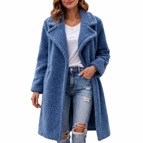 Stoosh Jackets & Blazers - STOOSH Teddy Sherpa Coat Long Pockets Cozy Oversized Lined Jacket Blue Size M